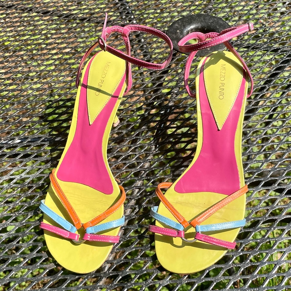 Y2K Rainbow Summer Sandals kitten Heels Size 7 Vintage 2000s Strappy Shoes